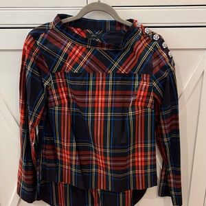 J. Crew Black Watch Red & Blue Plaid Blouse sz 4 with Rhinestone Button Accents